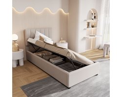 Kinderbed 90x200 cm Gestoffeerd bed met opbergruimte Kinderbed met hydraulisch systeem Eenpersoonsbed Jeugdbed Logeerbed Linnen stof Zonder matras (Verzonden in 2 pakketten)