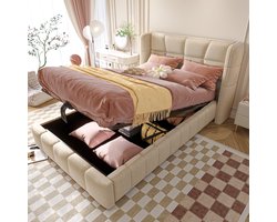 Kinderbed 90x200 cm - Gestoffeerd bed met opbergruimte - Pneumatisch liftsysteem - Lattenbodem & hoofdbord - Linnen look - Beige