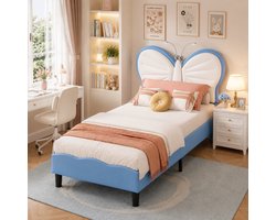 Kinderbed 90x200 cm, gestoffeerd bed met vlinderhoofdeinde, eenpersoonsbed met leeslampje, geschikt voor tieners en meisjes, PU-materiaal, Blauw