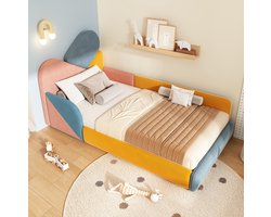 Kinderbed 90x200 cm - Gestoffeerd Eenpersoonsbed Met Verhoogde Uitvalbeveiliging - Patchwork Design - Laag Bed Voor Kinderkamer - Fluweel - Blauw Roze Oranje