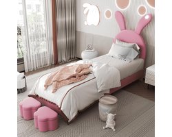 Kinderbed 90x200 cm Gestoffeerd met Opbergruimte, LED Bedverlichting en Verstelbaar Hoofdeinde – Frans Fluweel, Luxe Eenpersoonsbed voor Jongens en Meisjes – Medahomestore