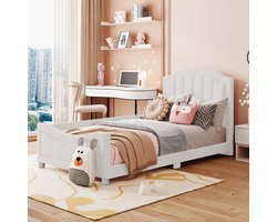 Kinderbed - 90x200 cm - Gestoffeerde Slaapbank met Leuningen - Zacht Multifunctioneel Bed - Flanel - Beige