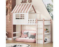 Kinderbed 90x200 cm hoog en laag Bed voor jongens en meisjes Thuisbed dakvorm met veiligheidsladder met opbergvak Multifunctioneel bed Massief houten bed met lattenbodem Roze