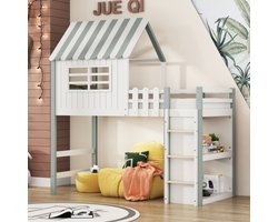 Kinderbed 90x200 cm hoog en laag Bed voor jongens en meisjes Thuisbed dakvorm met veiligheidsladder met opbergvak Multifunctioneel bed Massief houten bed met lattenbodem Groen