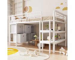 Kinderbed 90x200 cm, hoog metalen bedframe – met opbergruimte – bed met brede trap – afgeronde hoeken, lades en planken – handig om ruimte te besparen en orde te scheppen in de kinderkamer