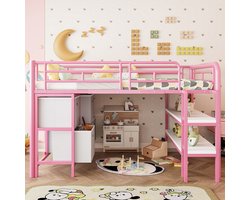 Kinderbed 90x200 cm, hoog metalen bedframe – met opbergruimte – bed met brede trap – afgeronde hoeken, lades en planken – handig voor een roze kinderkamer, ruimtebesparend en overzichtelijk