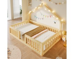 Kinderbed 90x200 cm - Huisbed - Eenpersoonsbed - Vloerbed - Boomhut Stijl - Met LED Lichtslinger - Met valbeveiliging - Natuurlijke houtkleur