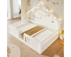 Kinderbed 90x200 cm - Huisbed - Eenpersoonsbed - Vloerbed - Boomhut Stijl - Met LED Lichtslinger - Met valbeveiliging - Wit