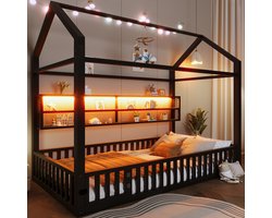 Kinderbed - 90x200 cm - Huisbed met LED - Omheining & Lattenbodem - Hout - Zwart