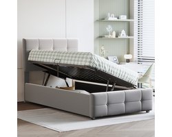 Kinderbed - 90x200 cm - Hydraulisch opbergbare boxspring - Verstelbaar hoofdeinde - Eenpersoons hoge boxspringslaapbank in grijze fluwelen stof