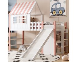 Kinderbed 90x200 cm - Massief Hout Roze/Groen - 120 kg Laadvermogen - Veiligheidsrail & Glijbaan - Ruime Opbergruimte - Duurzaam & Stabil - Inclusief Montagekit en Gereedschap