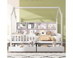 Kinderbed 90x200 cm met boekenplank - opbergrek en lade - met twee grote lades - ovenrek ontwerp - wit - zonder matras