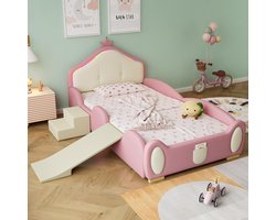 Kinderbed 90x200 cm met Glijbaan en Trap – LED Verlichting Multi-Mode, Crown Design Kinderbed met Beschermende Zachte Randen, Houten Lattenbodem, PU Bekleding, Roze & Beige – Laura