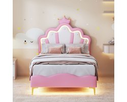 Kinderbed 90x200 cm, met LED-verlichting, prinsessenbed, kroonbed, meisjesbed/kinderbed/eenpersoonsbed, plat bed, PU, ​​roze