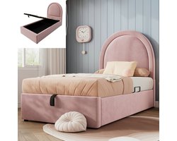 Kinderbed 90x200 cm met opbergruimte, gestoffeerd eenpersoonsbed, metaal + fluweel + massief hout, roze, voor jongens en meisjes