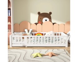 Kinderbed 90x200 cm – Montessori Vloerbed met Hekwerk & Lattenbodem – Massief Grenenhout, Veilig & Duurzaam – Voor Jongens en Meisjes - Wit