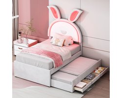 Kinderbed - 90x200 cm - Multifunctionele Slaapbank - Uitschuifbed & LED & Lade - Fluweel - Beige