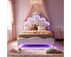 Kinderbed 90x200 cm, prinsessenbed met led verlichting aan hoofdbord en bedframe, zacht pu gestoffeerd bed met kroon hoofdbord, wit, zonder matras