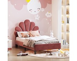 Kinderbed 90x200 cm - Prinsessenbed met Schelp Hoofdbord - Roze Velours