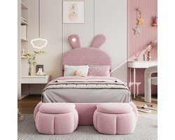 Kinderbed 90x200 cm Roze met Konijnenoren en LED-verlichting, Gestoffeerd Meisjesbed met 2 Opbergkrukjes en Lattenbodem