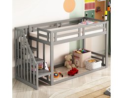 Kinderbed 90x200 cm - stapelbed met veiligheidsladder - massief houten bedframe met grijze lattenbodem - zonder matras