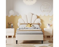Kinderbed 90x200 cm – Velours Meisjesbed met Schelpvormig Hoofdeinde – Inclusief Lattenbodem – Houten Poten – Beige
