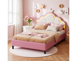 Kinderbed 90x200 cm voor meisjes, prinsessenbed met LED-verlichting, kroonvormig verstelbaar hoofdeinde, gestoffeerd flanel, tienerbed, roze, zonder matras