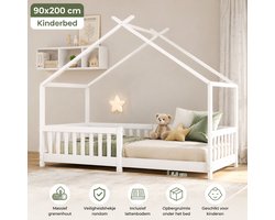 Kinderbed 90x200 cm Wit - Huisbed met Dak en Veiligheidshekje - Massief Grenenhout - Inclusief Lattenbodem - Kinderbed met Opbergruimte