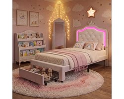 Kinderbed 90x200 cm Wit – Prinsessenbed met PU Leren Hoofdbord, Verstelbare LED-Verlichting, Opberglade en Lattenbodem