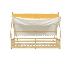Kinderbed 90x200 cm Zonder Matras Huisbed Naturel Kiefer Hout Met Tent Afneembaar Veiligheidshek Speelbed