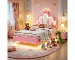 Kinderbed 90x200 cm,eenpersoonsbed， met LED-verlichting, prinsessenbed, kroonbed, meisjesbed/kinderbed, plat bed, PU, ​​roze，zonder matras