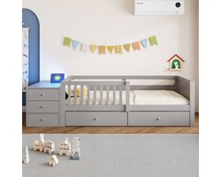 Kinderbed 90x200 – Kinderbed van Hout met Opbergruimte, Lades, Opbergvakken, Uitvalbeveiliging, LED-Verlichting en Stopcontact – Modern Design – Grijs