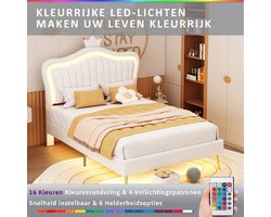 Kinderbed 90x200 – met LED – PU-Leer – Zonder Matras – Wit – Lattenbodem – Kroonvormig Hoofdbord – Voor Jongens en Meisjes – Bed met Led