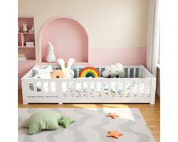 Kinderbed 90x200cm Eenpersoons vloerbed, massief grenenhout, Montessori-stijl, geschikt voor jongens en meisjes