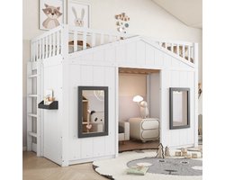 Kinderbed 90x200cm, Hoogslaper Huisbed, met trap, met Valbeveiliging en Leuning, Kinderbed met Raam, Vrij Configureerbare Onderkast, Grenen Frame, Grenen + MDF, Wit