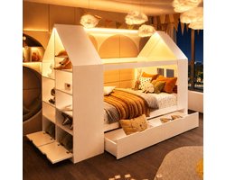 Kinderbed 90x200cm – Huisbed Met LED Verlichting En Opbergruimte – Met 2 Lades En Open Vakken – Voor Kinderen En Tieners – Hout MDF – Wit