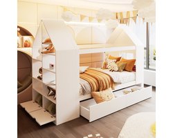 Kinderbed 90x200cm - huisvormig ontwerp - met twee lades - met LED-verlichting - met opbergruimte - wit - zonder matras