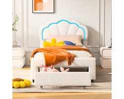 Kinderbed 90x200cm, LED eenpersoonsbed Gestoffeerd bed met hoofdeinde in bloemvorm, lattenbodem en opbergruimte, voor tienermeisjes, velours wit (zonder matras)