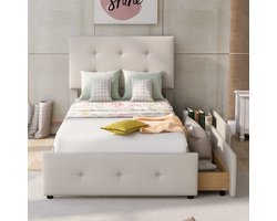 Kinderbed 90x200cm met 2 lades, gewatteerd hoofdeinde, voor meisjes en jongens, fluweel, beige