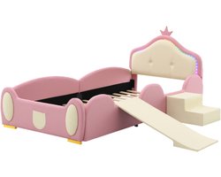 Kinderbed 90x200cm met kleine glijbaan en trap, met beschermende zachte randen, met houten lattenbodem, PU, roze + beige, gestoffeerd bed, Crown Cartoon Bed, met multi-mode LED-strip,
