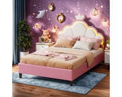 Kinderbed 90x200cm met Kronevormig Hoofdteil, LED, Verstelbaar Hoofdteil en Lattenbodem, Roze