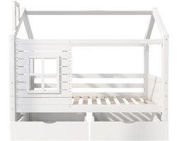 Kinderbed 90x200cm Wit Hout Huisbed Met Railing En Lattenbodem Met Lade Veelzijdig Peuterbed Voor Jongens En Meisjes Geschikt Voor Kinderkamer En Jeugdkamer