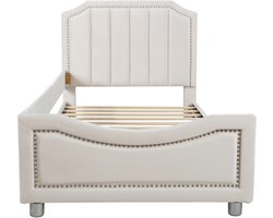 Kinderbed 90x200cm Zonder Matras Gestoffeerd Bed Beige Flanel Met Rugleuning En Armleuning Multifunctioneel Ouders Kind Bed Jeugdbed Logeerbed