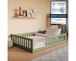 Kinderbed Bodembed 140x200 cm met valbeveiliging & lattenbodem Montessori bedlederen bed lederen kinderbed jeugdbed eenpersoonsbed | olijfgroen andere maten 80x160 | 90x200 | 120x200 cm