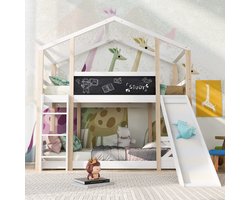 Kinderbed Boomhut met Glijbaan & Ladder 90x200 cm, Hoogbed voor Kinderen-2x Lattenbodem-Natuur & Wit