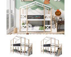 Kinderbed Boomhut met Opbergruimte en Valbeveiliging 90x200 cm, Hoogbed voor Kinderen-2x Lattenbodem-Natuur & Wit