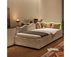 Kinderbed Eenpersoons gestoffeerd bed 90x200 cm met LED-verlichting - Slaapbank, Design L verwisselbaar, Gebroken wit Fluweel, voor Meisjes en Tieners(Zonder Matras)