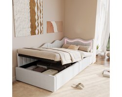 Kinderbed Eenpersoons gestoffeerd bed 90x200 cm met LED-verlichting - Slaapbank, Design L verwisselbaar, Wit krullend, voor Meisjes en Tieners(Zonder Matras)