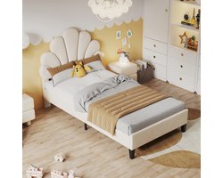 Kinderbed Eenpersoonsbed 90 x 200 cm, Gestoffeerd Bed met Bloemvormig Hoofdeinde en Lattenbodem, Beige Fluweel (Zonder Matras)