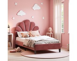 Kinderbed Eenpersoonsbed 90 x 200 cm, Gestoffeerd Bed met Bloemvormig Hoofdeinde en Lattenbodem, Bordeaux Fluweel (Zonder Matras)